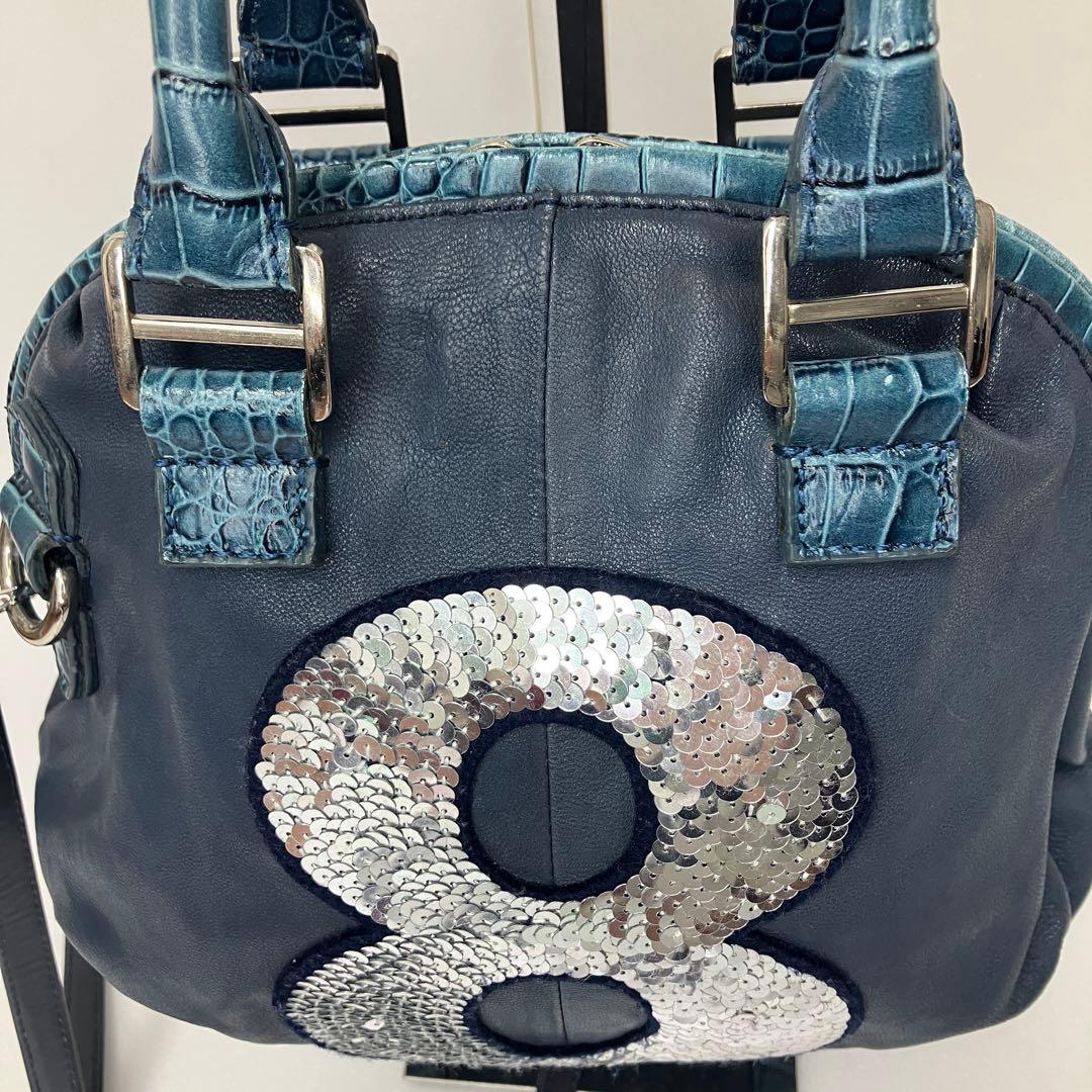 【美品】ムータ 2way ハンド ショルダーバッグ スパンコール 本革 ネイビー