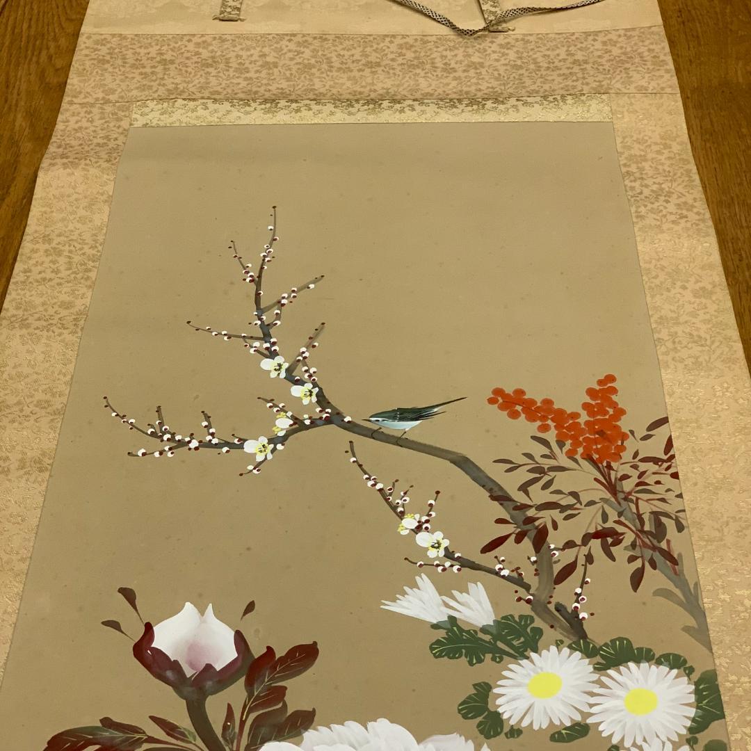 掛軸　春峰　梅　牡丹　鶯　落款印あり　花鳥図　茶道具　古道具　時代物