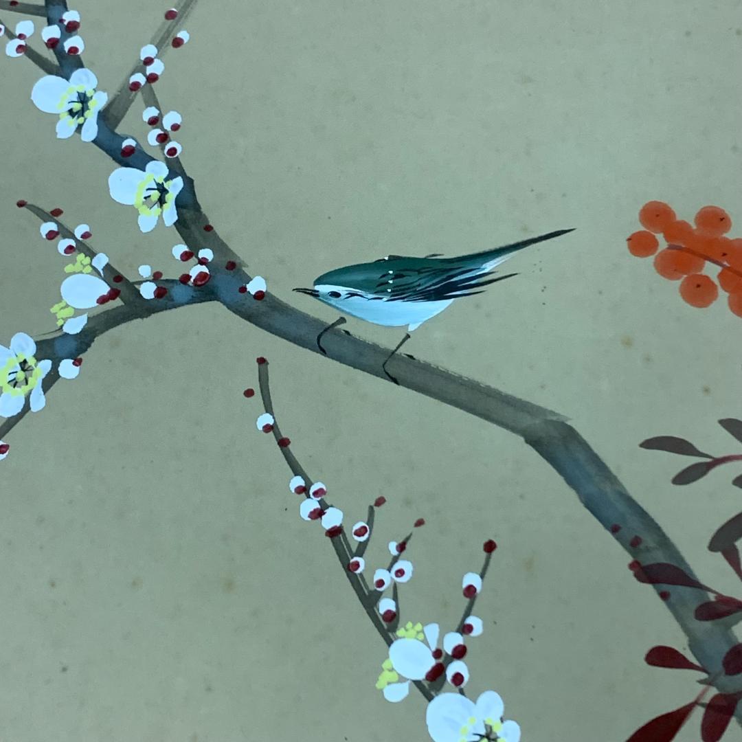 掛軸　春峰　梅　牡丹　鶯　落款印あり　花鳥図　茶道具　古道具　時代物