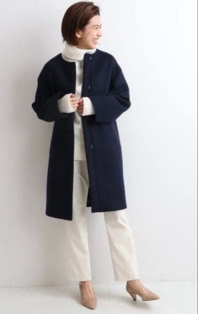 イエナ　PECOLAMBノーカラーコート　ネイビー　38
