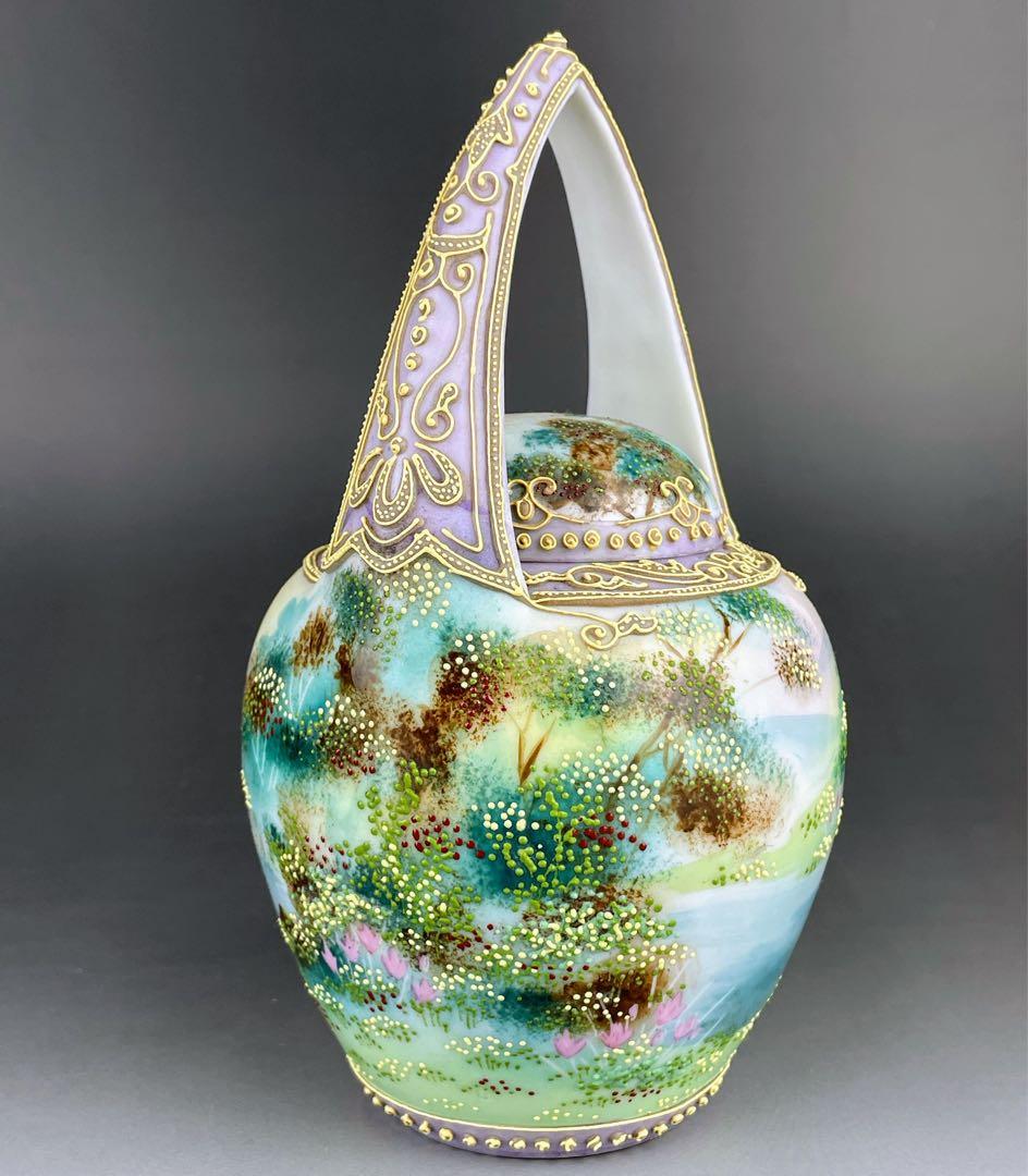 【希少】オールドニッポン 一陳盛り上げ 風景紋 バスケット 花籠 花瓶