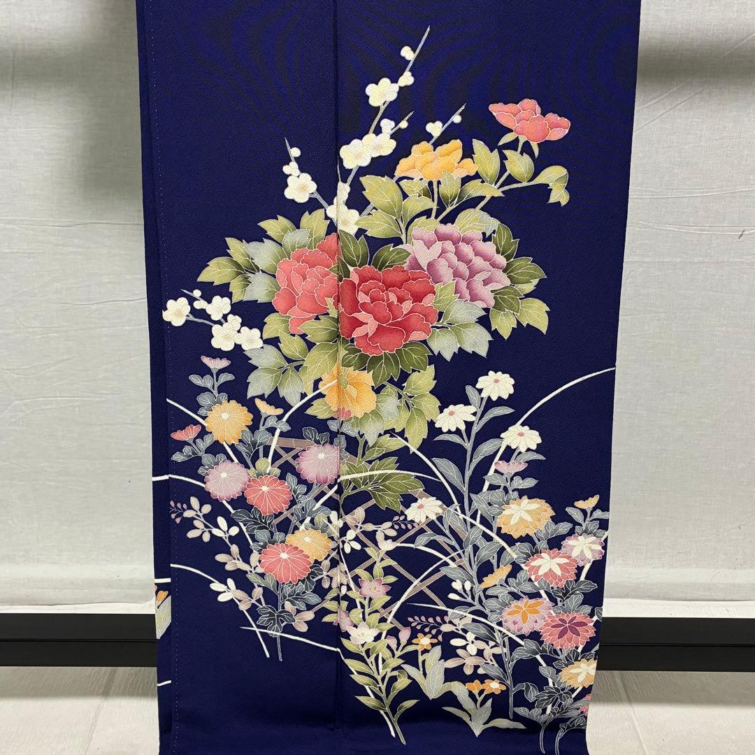 D76 訪問着 手描き花模様 丹後ちりめん 正絹 着物 袷 極美品