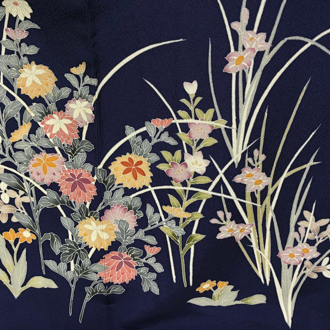 D76 訪問着 手描き花模様 丹後ちりめん 正絹 着物 袷 極美品