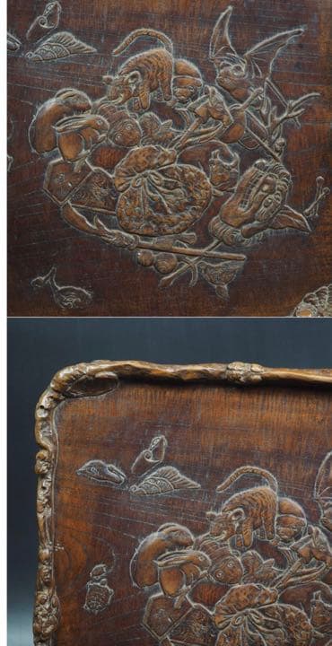 送料無料　市川周道　『周道刀』在銘　 古い欅四角彫刻盆 幅35ｃｍ