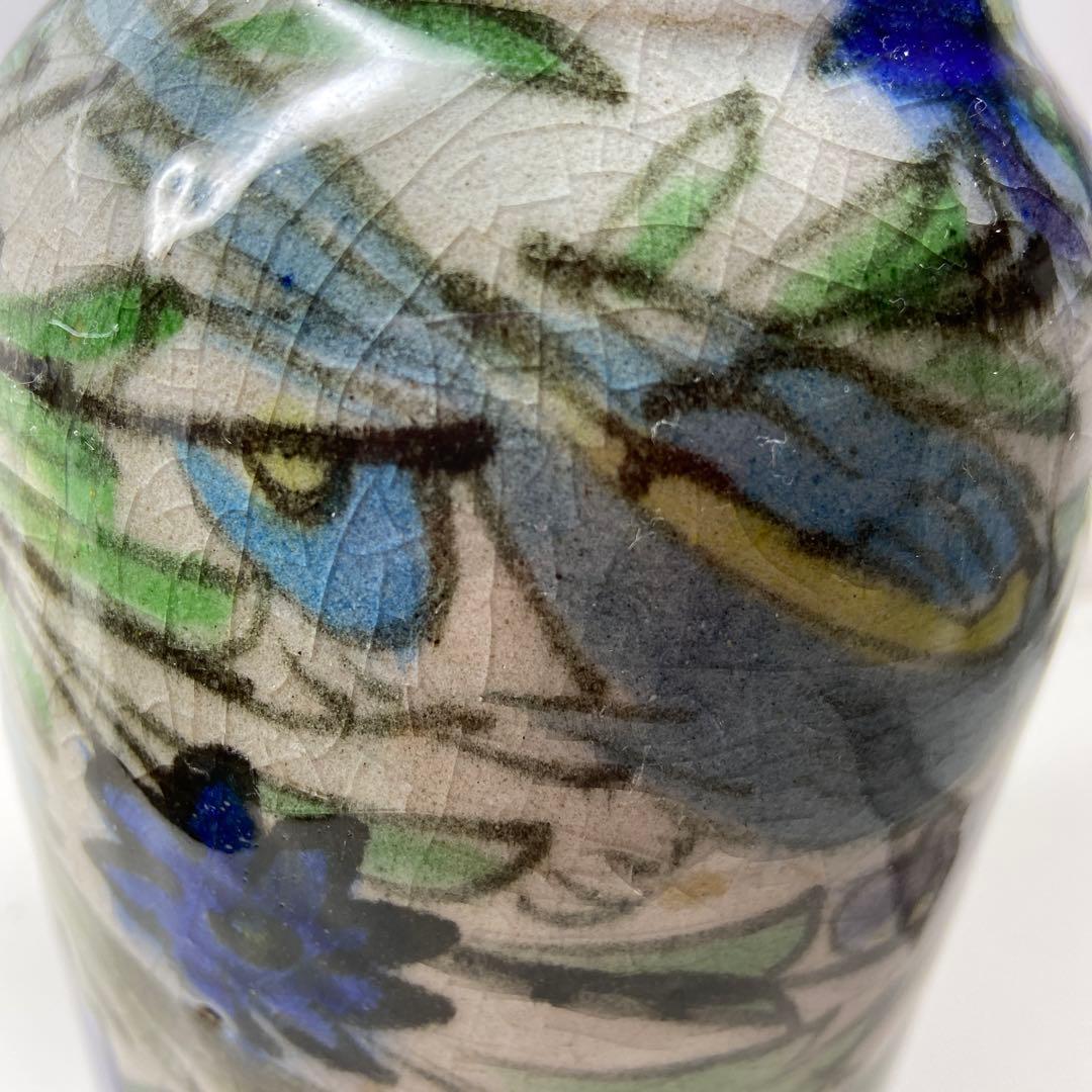 ペルシャ イラン アンティーク 手描き花瓶 青と緑の花模様