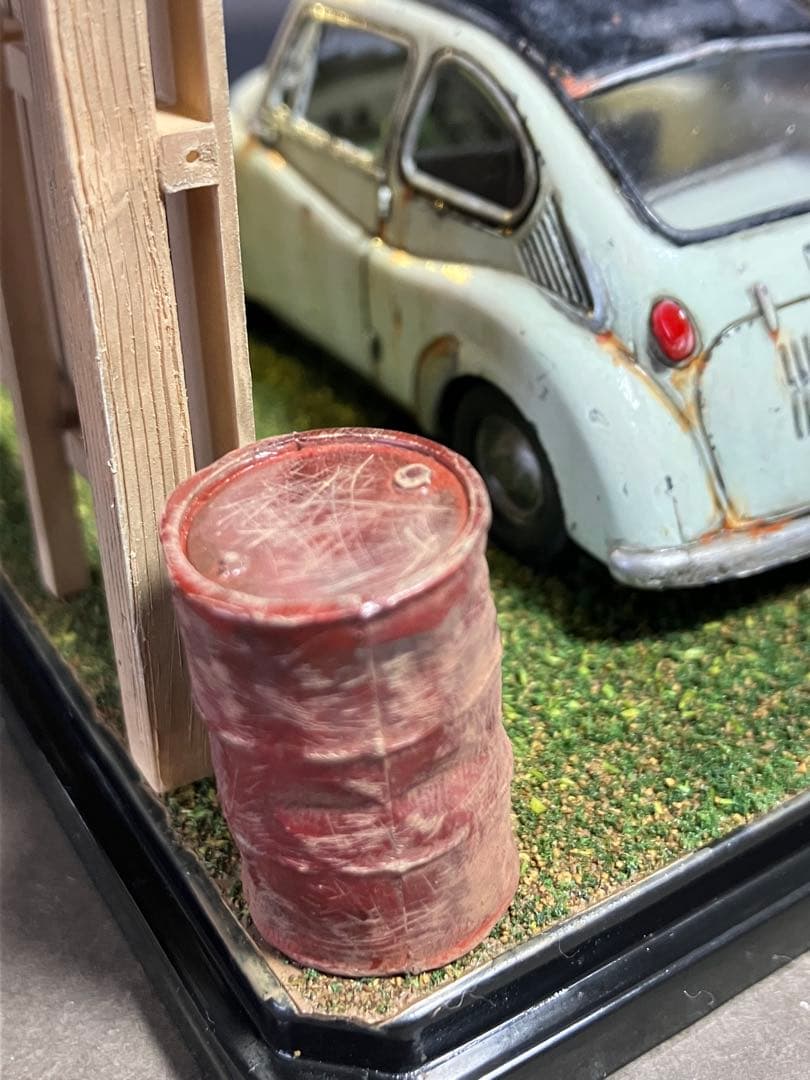 1/32 自作ジオラマ完成品 スバル360&カブ 昭和レトロな風景 LED照明