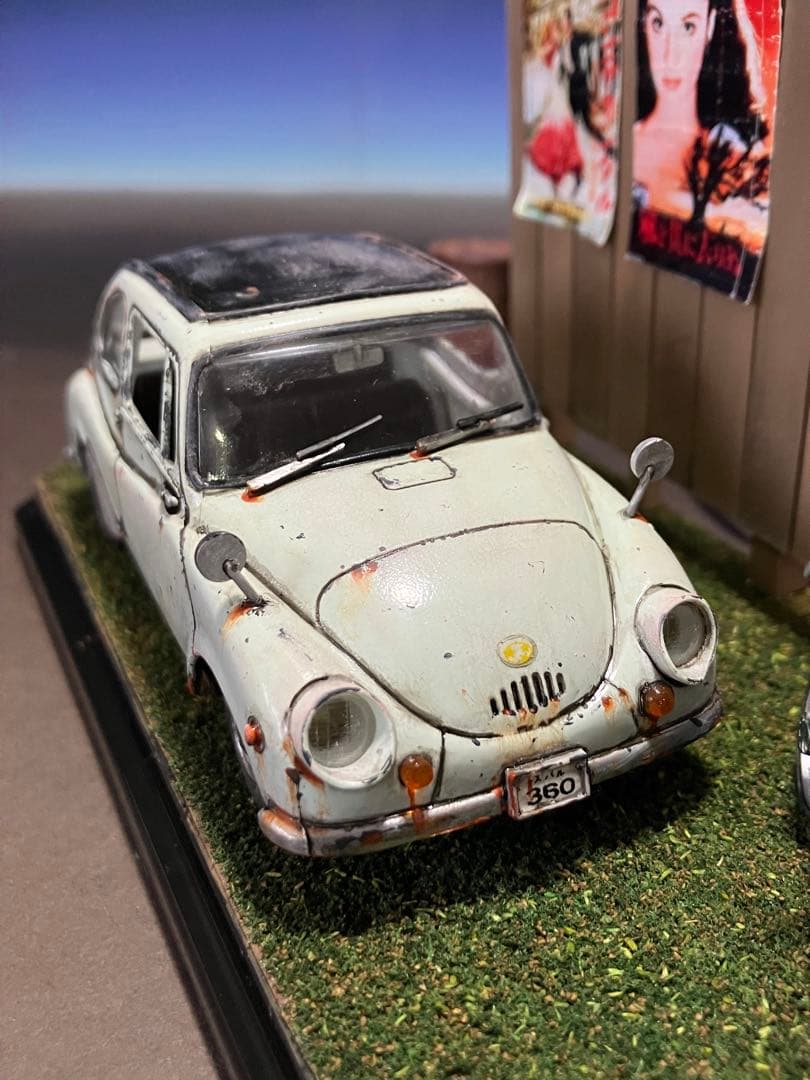 1/32 自作ジオラマ完成品 スバル360&カブ 昭和レトロな風景 LED照明