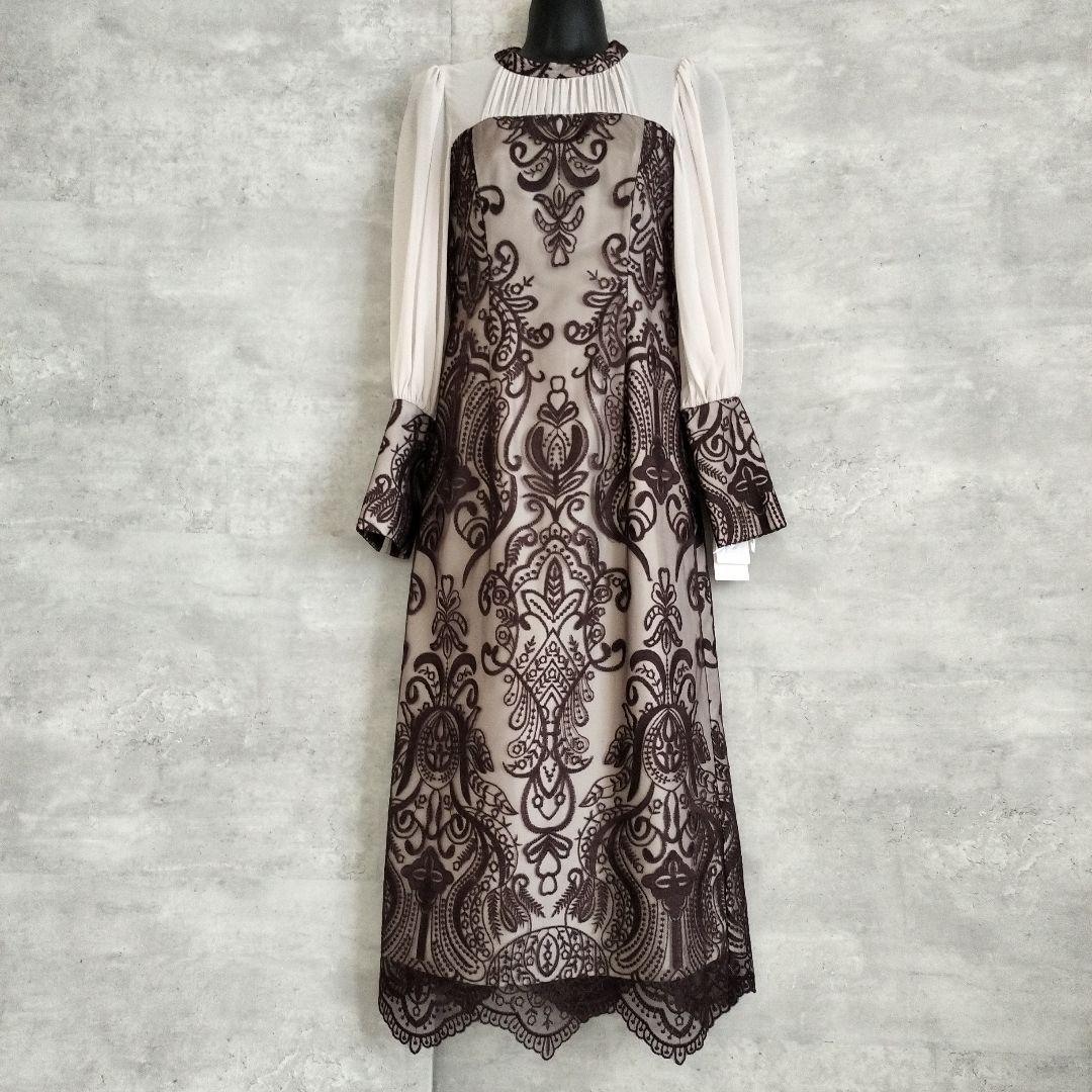 新品ANDRESDパーティードレス S ダークブラウンレースダマスクギャザー刺繍