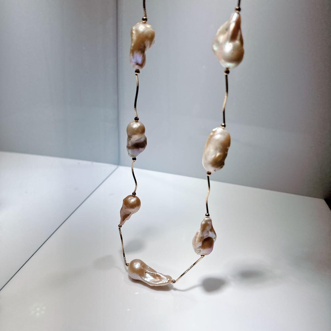 特価値段オイスターパールゴールドイエローミラーパイプネックレスNO24-744