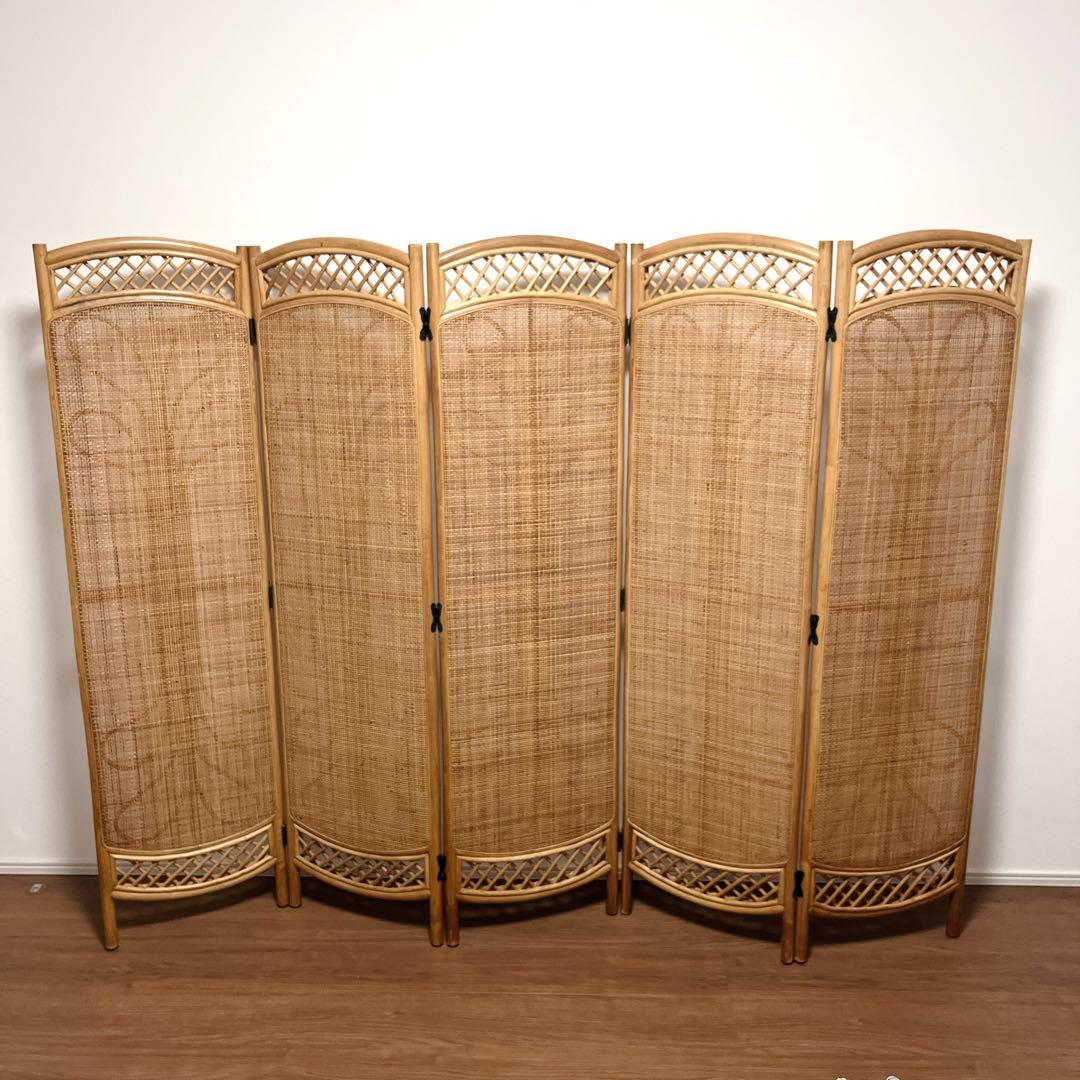 籐家具 ラタン 5連 パーテーション ブラインド 間仕切り 衝立 昭和レトロ