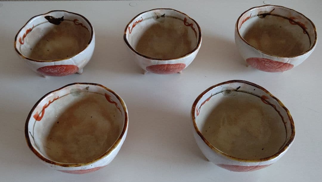 京焼 清水焼 栄泉作 紅丸草子湯呑み 小鉢 5客 三つ足