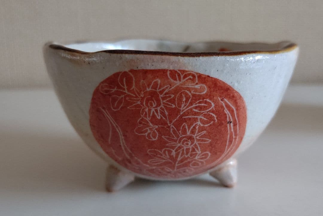京焼 清水焼 栄泉作 紅丸草子湯呑み 小鉢 5客 三つ足
