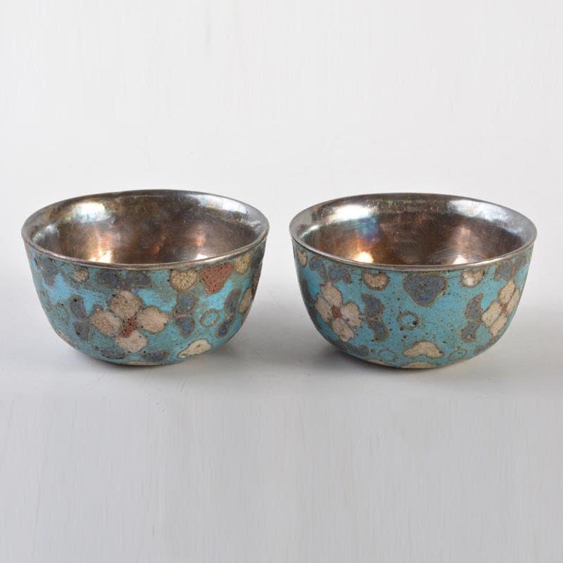 中国　唐物　古七宝内銀張　花草文　盃　一對　M　6628