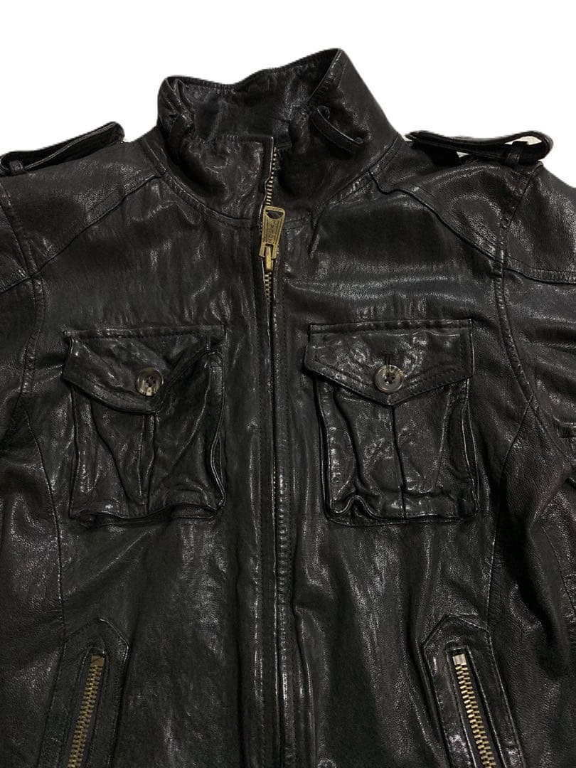 【BUFFALO BOBS】レザー シングルライダース ジャケット 黒　シワ加工