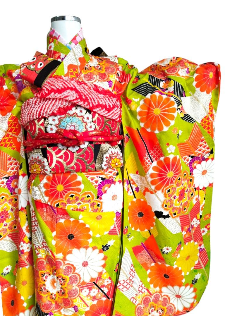 アンティーク黄緑の着物と帯セット