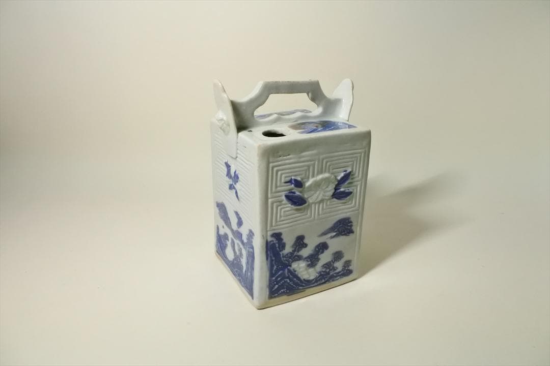 江戸後期　平戸焼　染付　辰砂　角水注　角徳利　持手付　骨董品　アンティーク　i