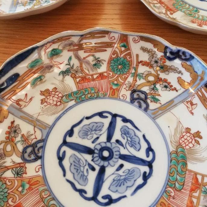 古伊万里 色絵松竹梅鶴亀文 七寸皿　※10客または5客セット※