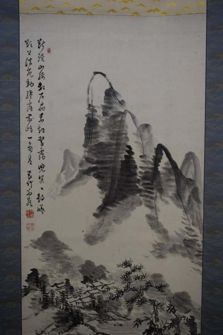 真作/伊藤巌/山水画賛/布袋屋掛軸HF-59