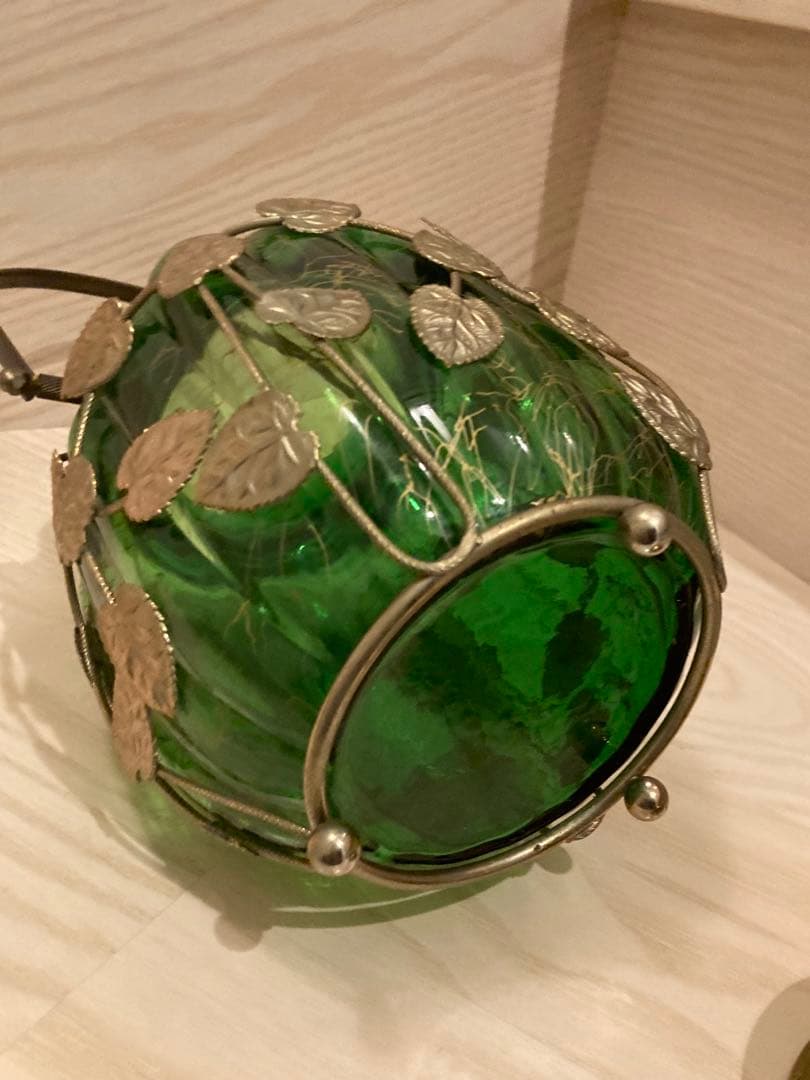 希少　ガラスオルゴール　真鍮キャンディ緑ゴールド　ガラスポット　ビンテージ寺田製