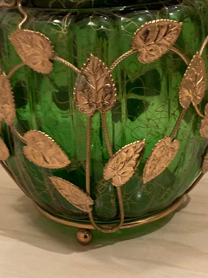 希少　ガラスオルゴール　真鍮キャンディ緑ゴールド　ガラスポット　ビンテージ寺田製