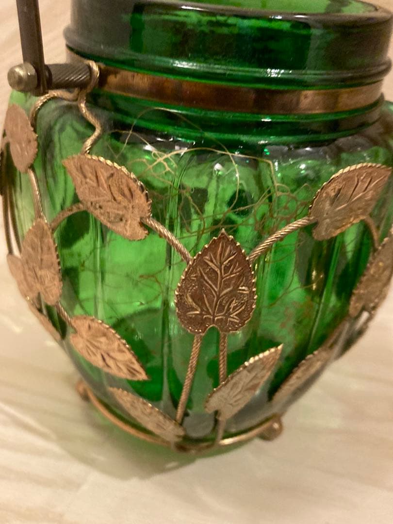 希少　ガラスオルゴール　真鍮キャンディ緑ゴールド　ガラスポット　ビンテージ寺田製