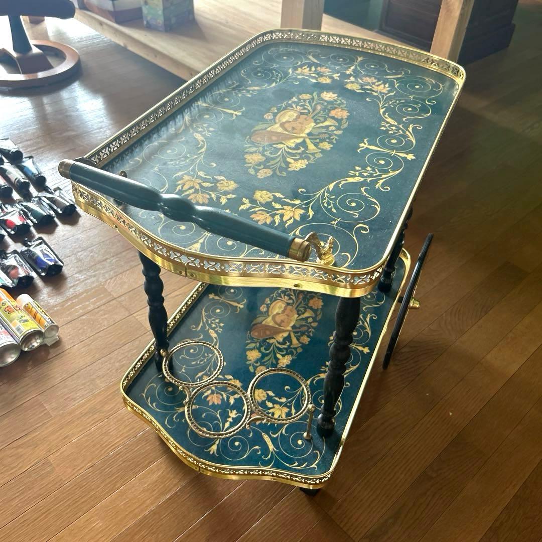 クラシック風 キャスタートレー ワゴン 青色