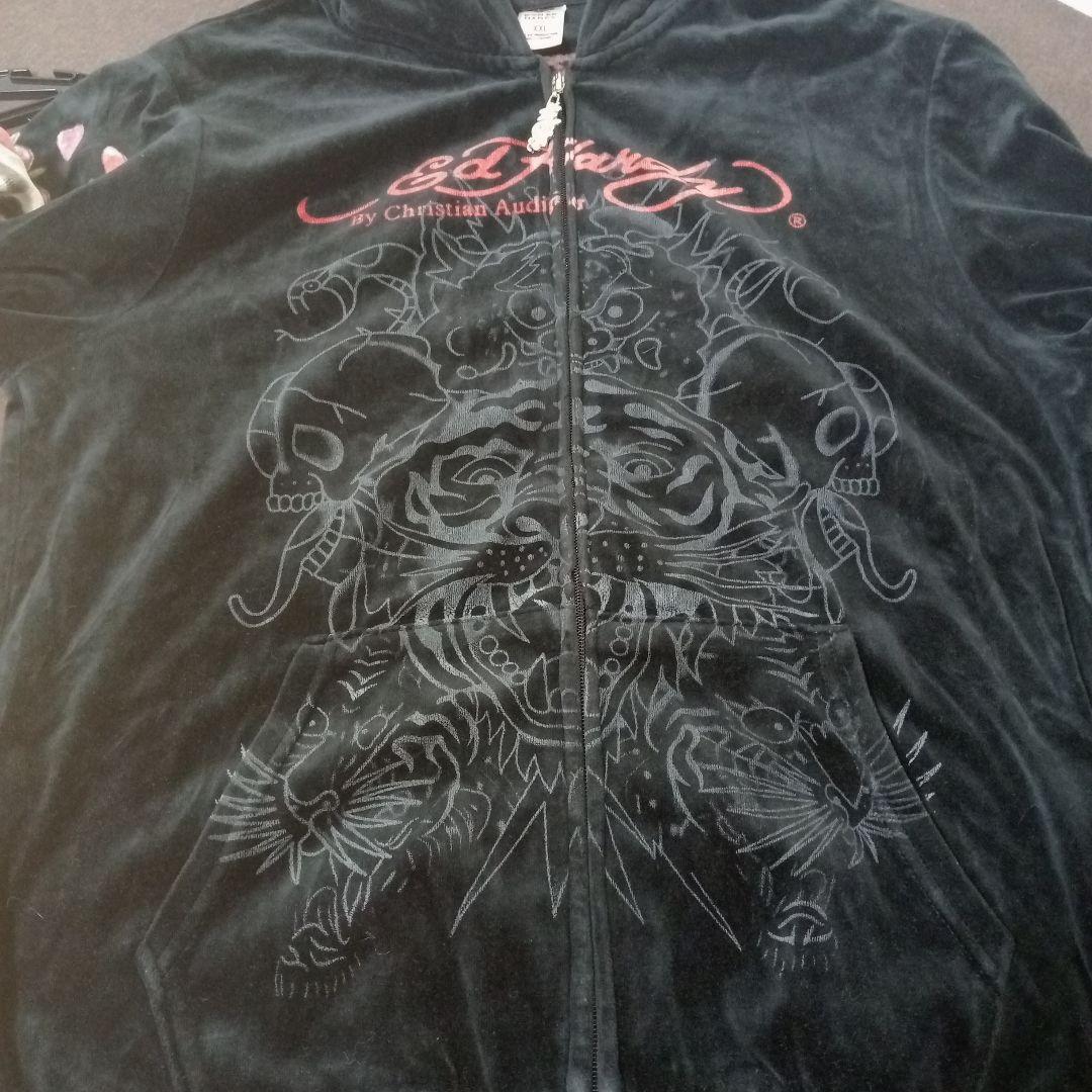Don Ed Hardy ベロアパーカー XL 虎 黒 刺繍 ジップ メンズ