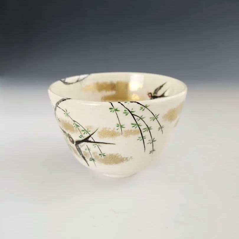 茶碗　抹茶茶碗　阿山作　つばめ　柳　仁清写　柳に燕　京焼　華やか