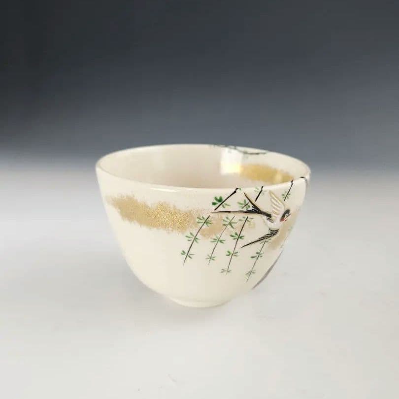 茶碗　抹茶茶碗　阿山作　つばめ　柳　仁清写　柳に燕　京焼　華やか