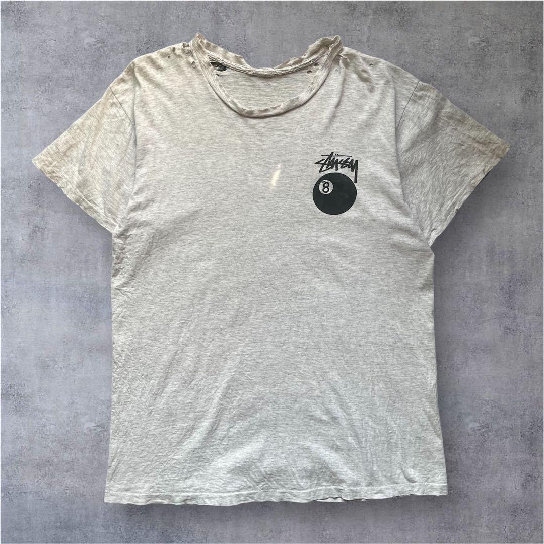 90s Stussy 8ボール シングルステッチ ボロ 杢グレー Lサイズ相当