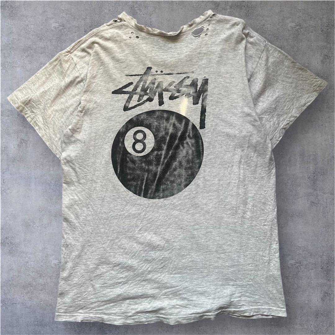 90s Stussy 8ボール シングルステッチ ボロ 杢グレー Lサイズ相当