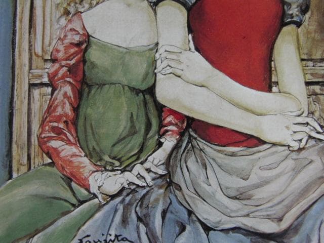 藤田嗣治、【 赤いコルサージュの二人の姉妹】、希少な限定額装用画集画