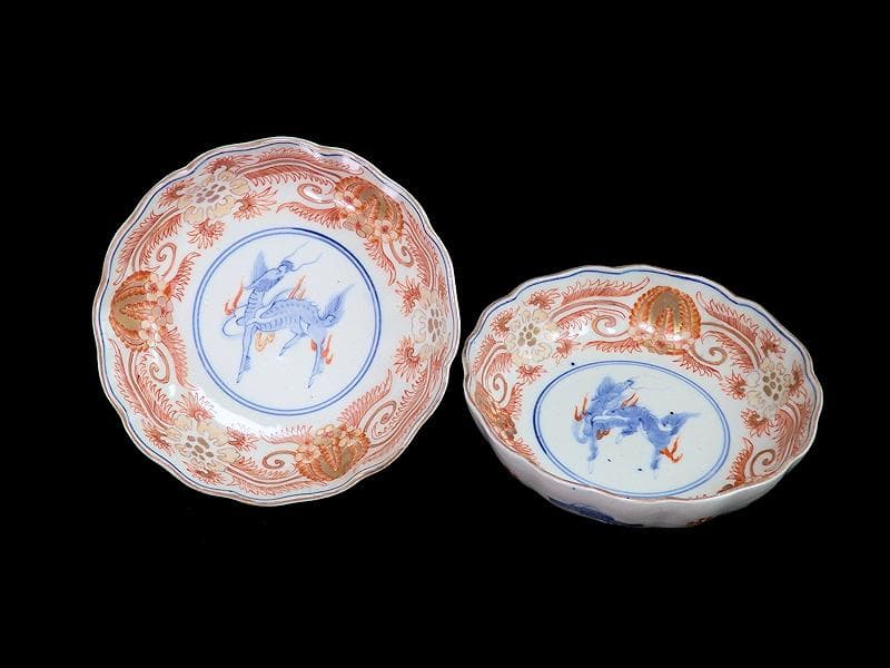 古伊万里　赤絵　草花紋に麒麟の図　膾皿　２客　D119AS-BVx