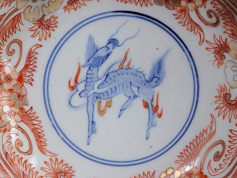 古伊万里　赤絵　草花紋に麒麟の図　膾皿　２客　D119AS-BVx
