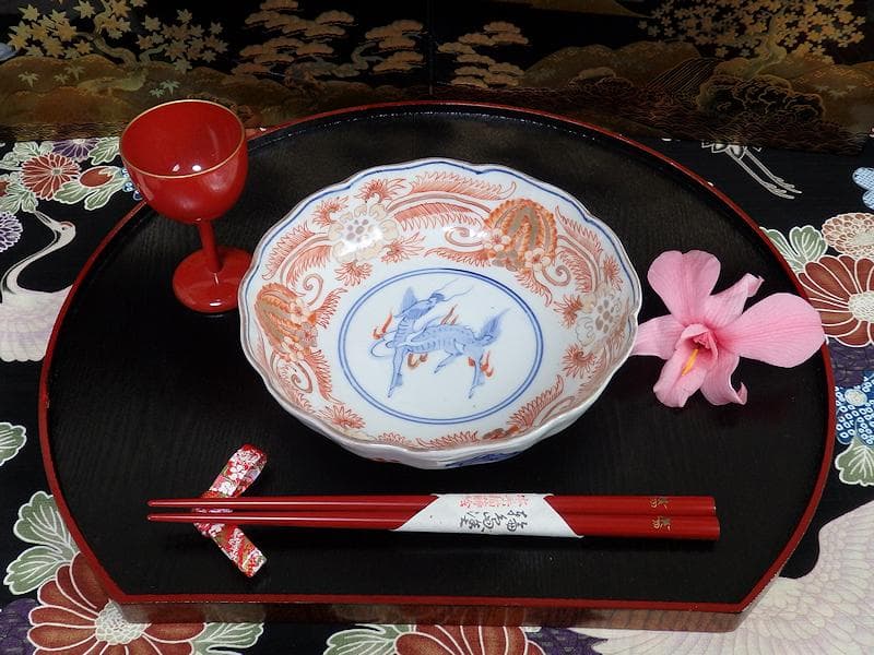 古伊万里　赤絵　草花紋に麒麟の図　膾皿　２客　D119AS-BVx