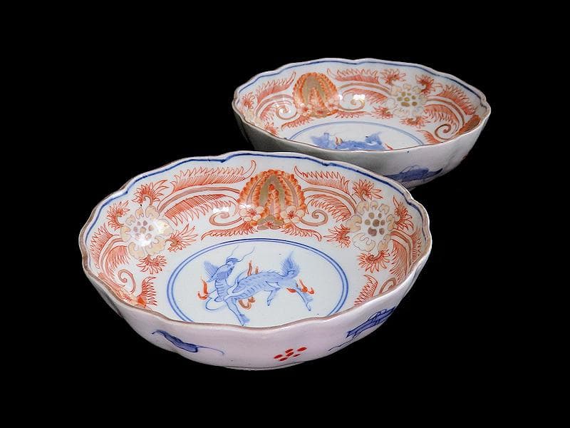 古伊万里　赤絵　草花紋に麒麟の図　膾皿　２客　D119AS-BVx