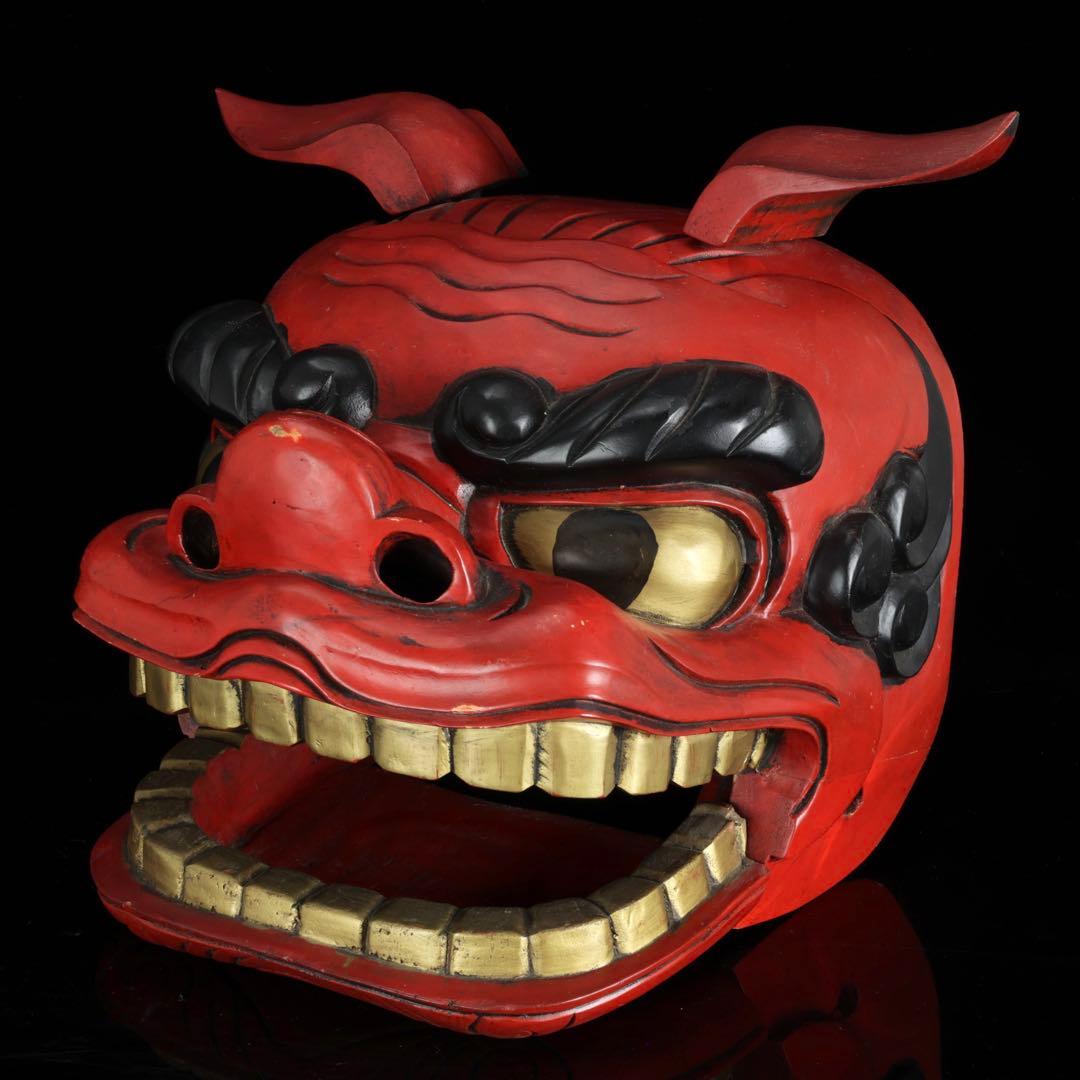 時代物 木彫獅子頭 朱漆塗金彩 幅34cm 獅子舞 神楽面 魔除 縁起物 骨董品