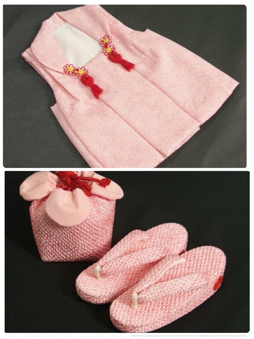 三歳　正絹鹿の子絞り 被布 草履 巾着 ３点セット