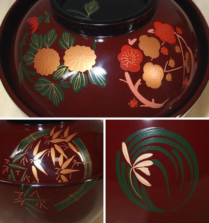 【中古・焼けあり】輪島塗 花の丸四君子蒔絵 雑煮椀5客 煮物椀/丼椀 武田漆器店