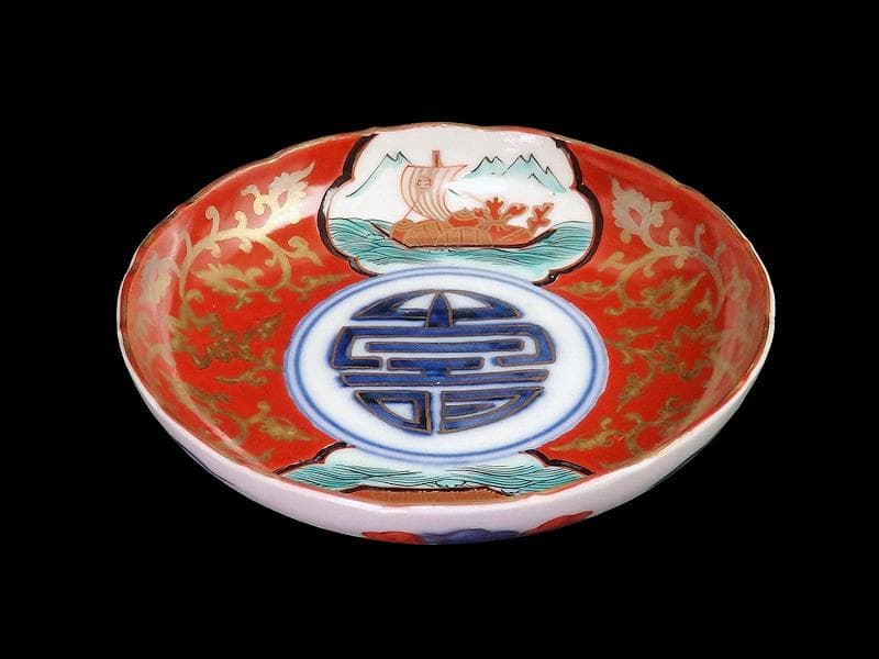 古伊万里　色絵　窓絵　宝船に金唐草の図　４寸皿　５枚　B985AS-CXv