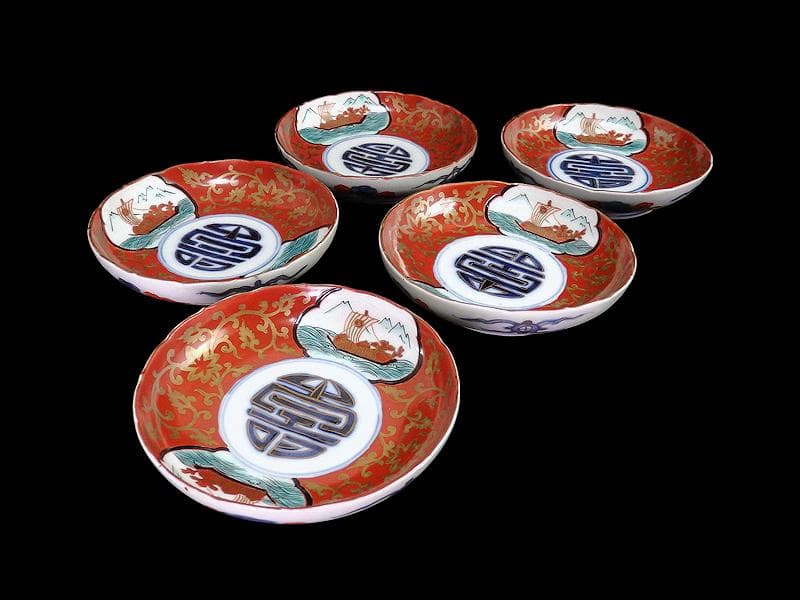 古伊万里　色絵　窓絵　宝船に金唐草の図　４寸皿　５枚　B985AS-CXv