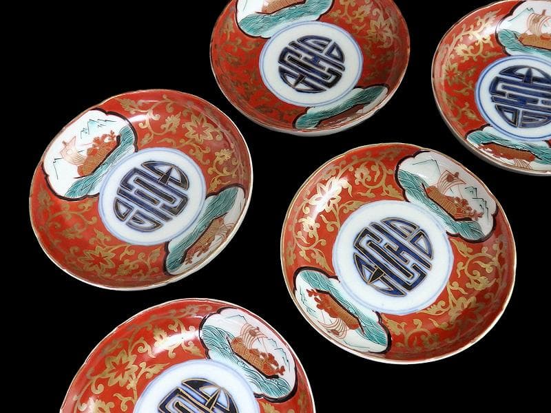 古伊万里　色絵　窓絵　宝船に金唐草の図　４寸皿　５枚　B985AS-CXv