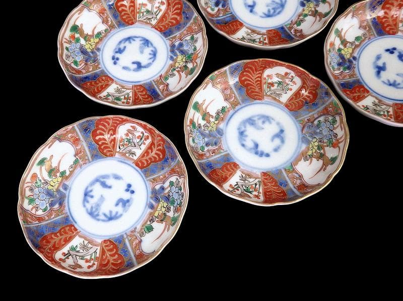 古伊万里　色絵　獅子に牡丹　梅に鶯の図　４寸皿　５枚　C233AS-fbsy