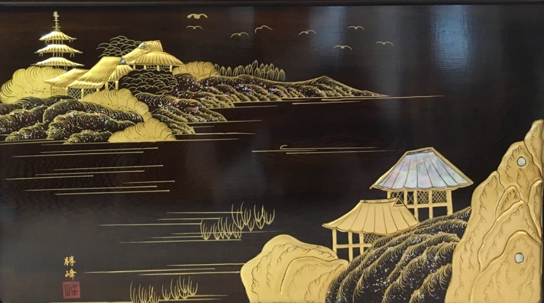 【勝峰作】花台 飾り台 螺鈿細工 金彩蒔絵 机 ガラス付属 ②