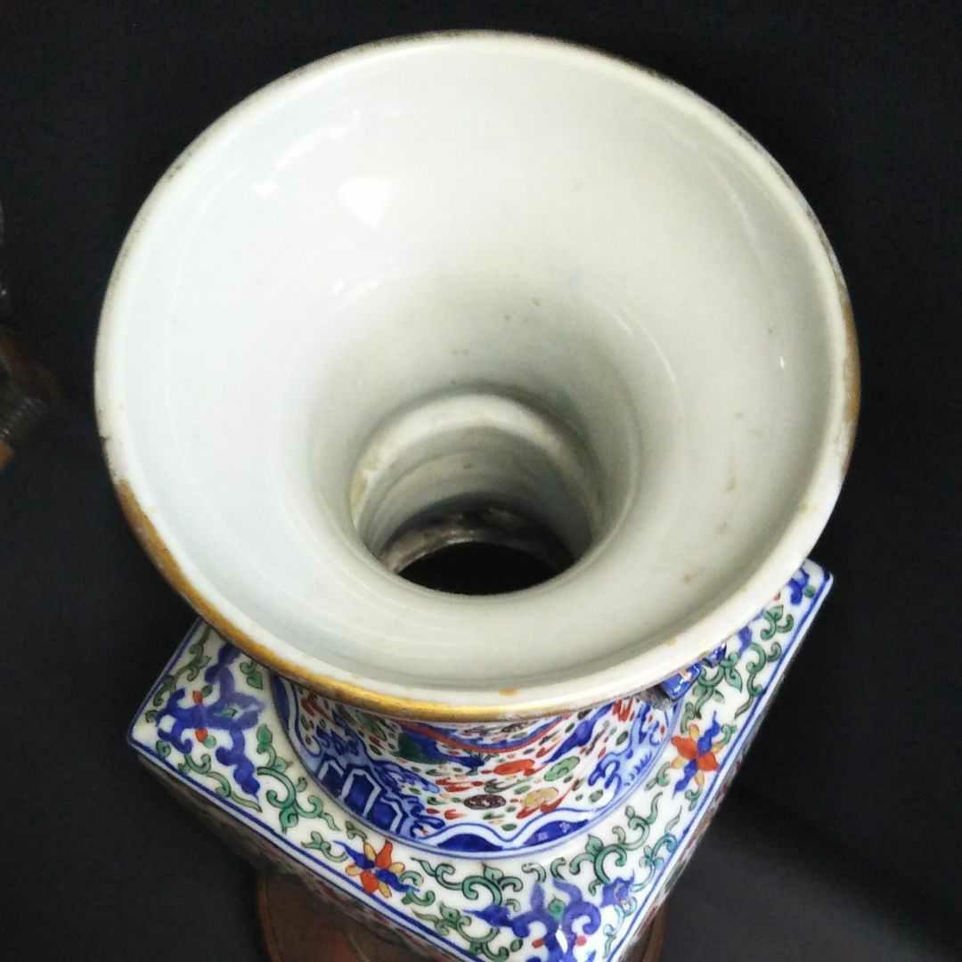 ※中国古美術/五彩纏枝賢人龍紋隻耳四方大瓶(款:大明万暦年製)