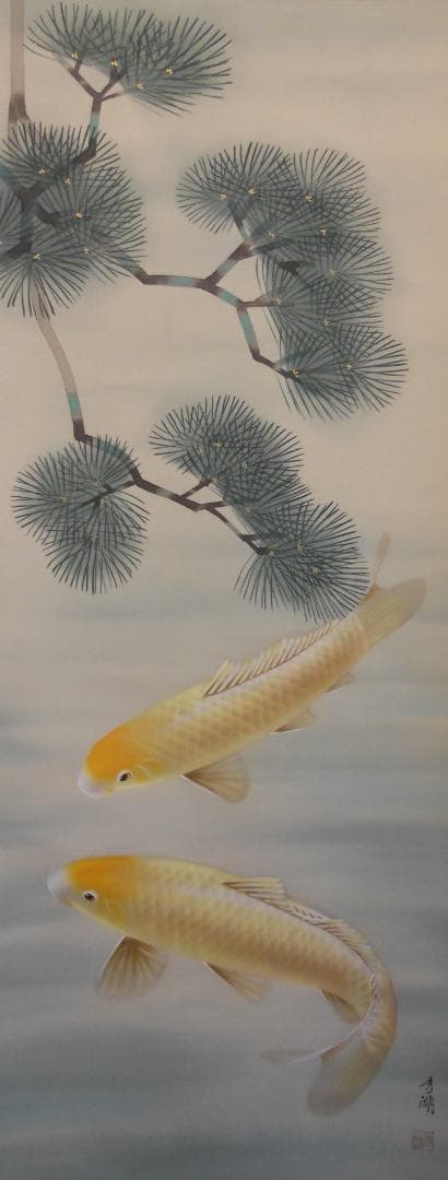 掛け軸 秀湖 金運 黄金鯉 絹本 希少 軸装 茶道具 掛軸 美品 です。