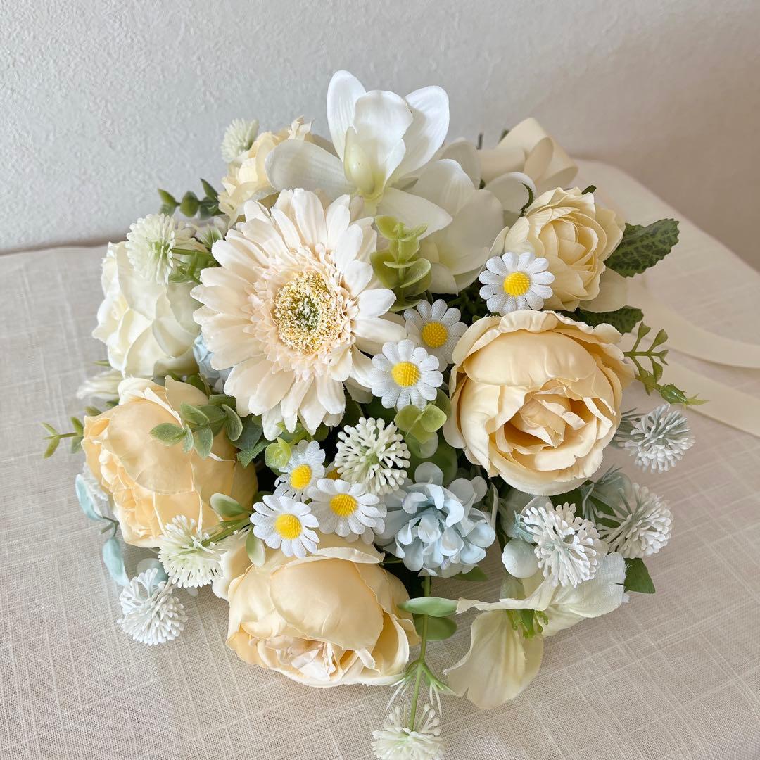 ウェディングブーケとブートニアのセット♡ブライダルブーケ♡イエローブーケ♡ローズ
