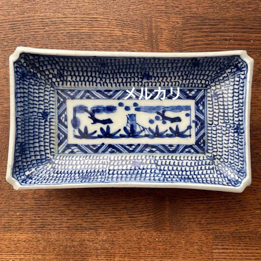 古伊万里染付　微塵唐草　松竹梅　五客揃　長皿5客　骨董アンティーク　隅入角皿