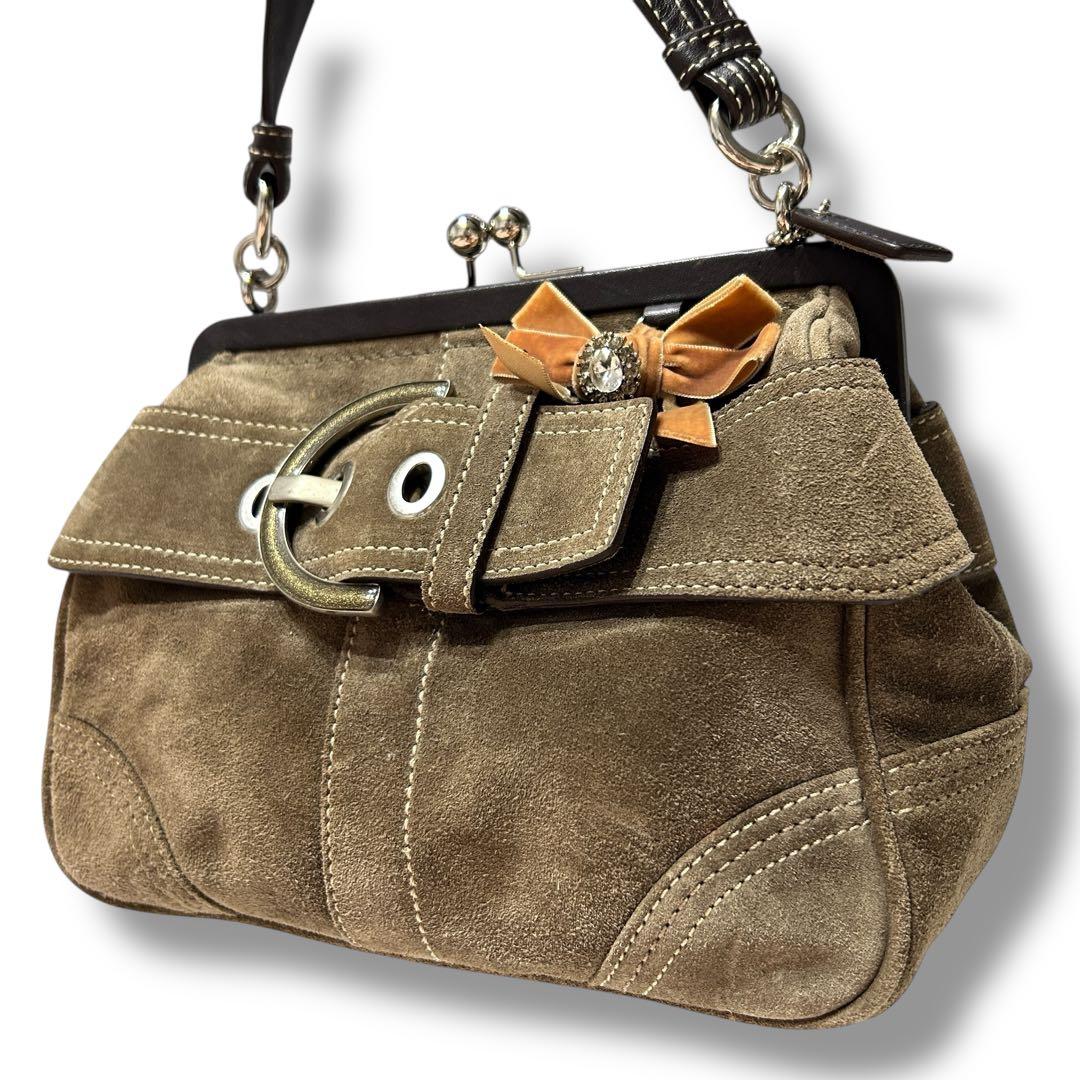 美品 コーチ がま口 ワンショルダー ソーホー ビジュー リボン スウェード 茶