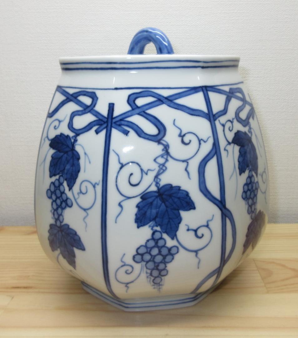 送料込【逢絢亭】茶道具 水指 京焼 染付 葡萄棚の図 西村徳泉 共箱入り